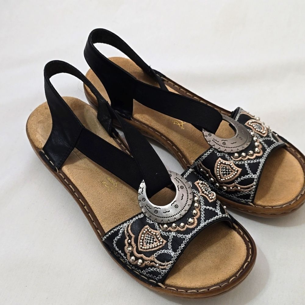 Rieker Regina Black Leather Sandals with Stone Accents Size 37